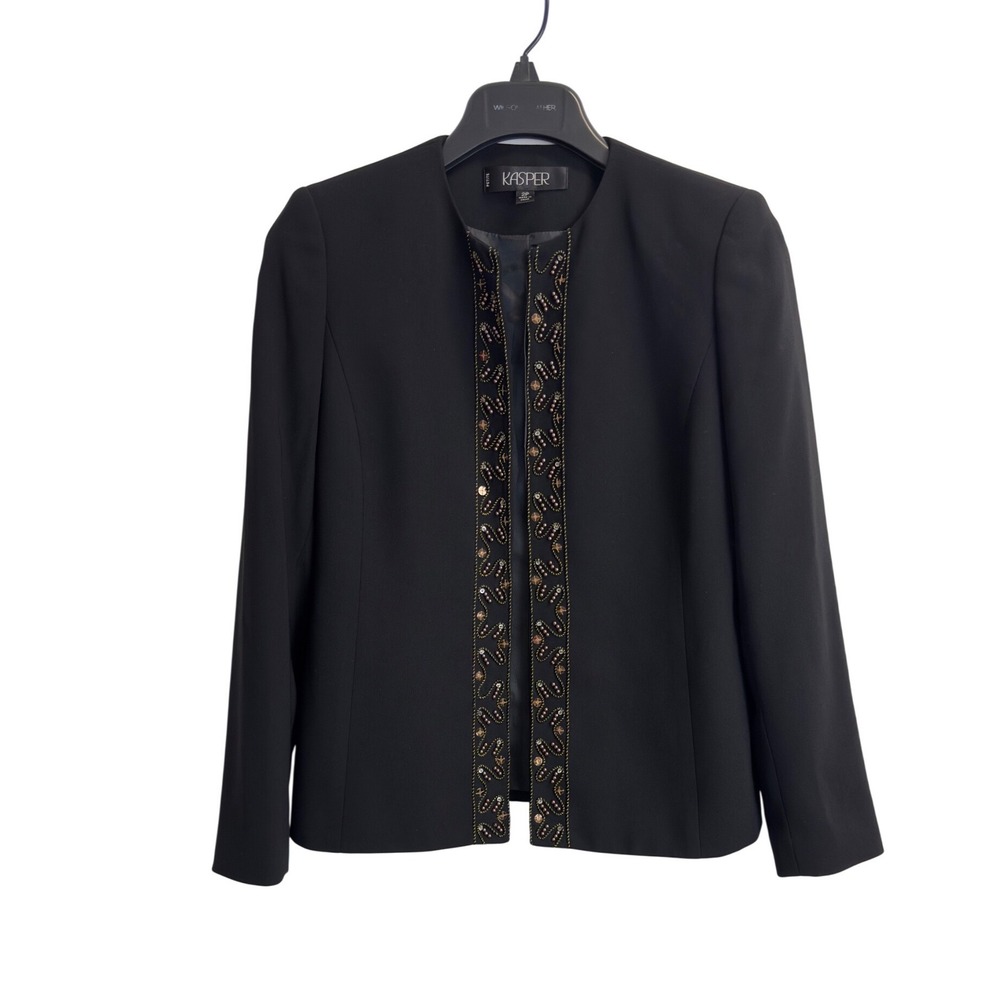 Kasper Petite Womens Black Beaded Open Front Collarless Blazer Jacket Size 2P